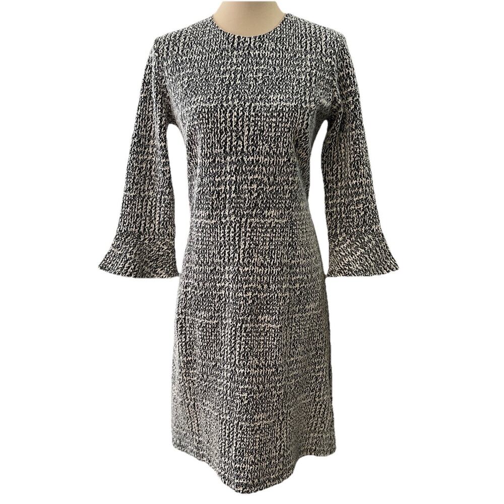 J.McLaughlin Black White Tweed Shift Dress Bell Sleeve Women Medium Knee Length